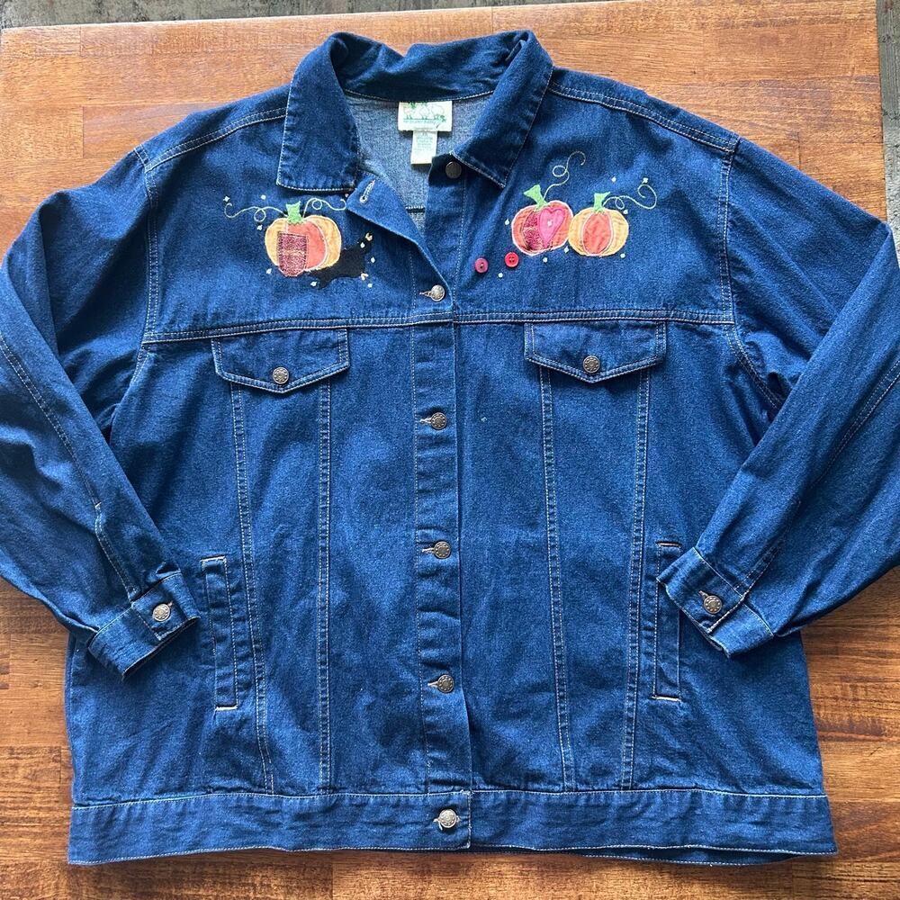 The Quacker Factory Pumpkin Patch Denim Jacket 3X Embroidered  Fall Scarecrow​